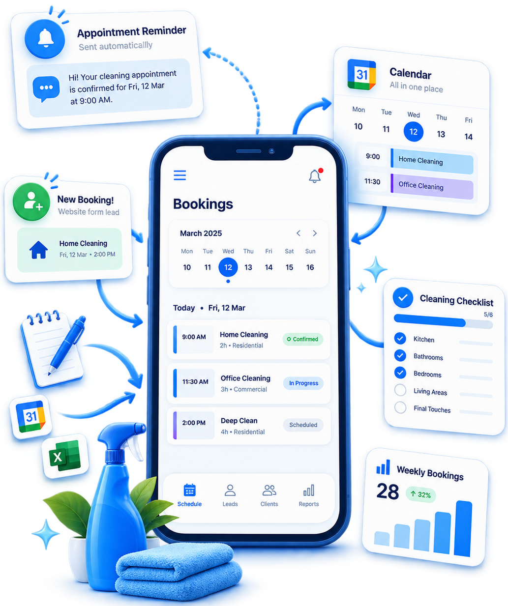 CleanMoo cleaning company software with calendar, job assignment, reports and booking in one place