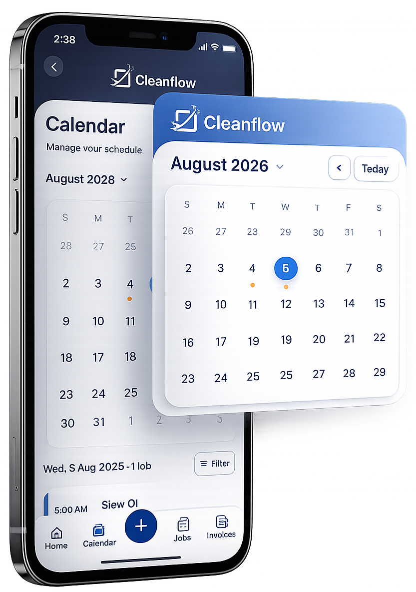 CleanMoo app showing job scheduling and calendar on mobile