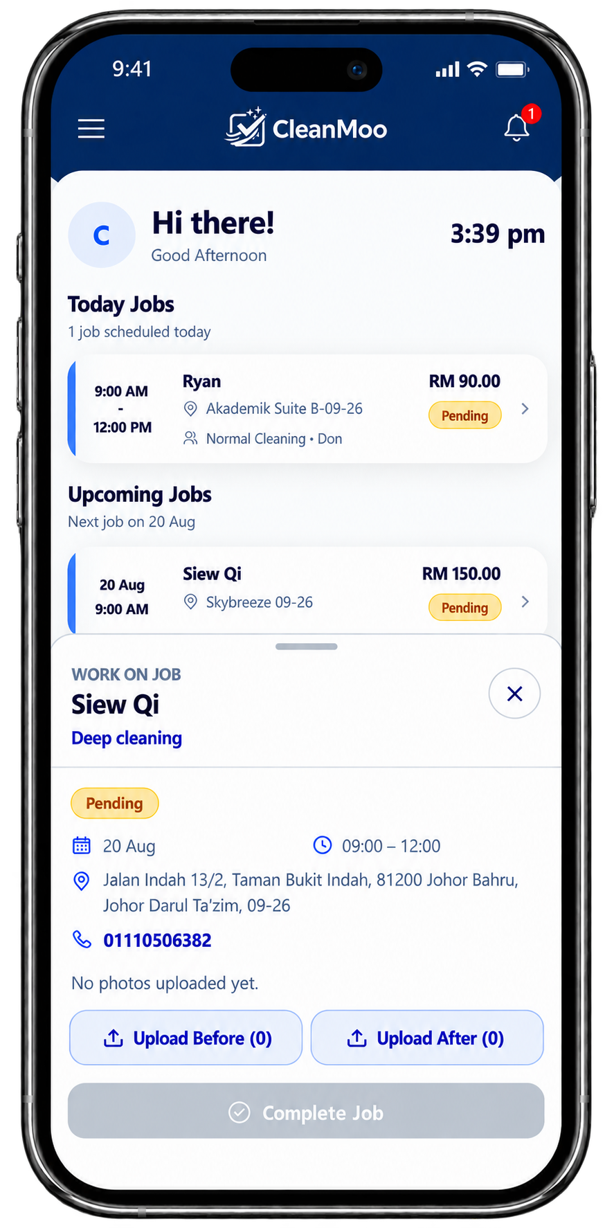 CleanMoo mobile app for cleaners in Malaysia, showing today's jobs and work-on-job details