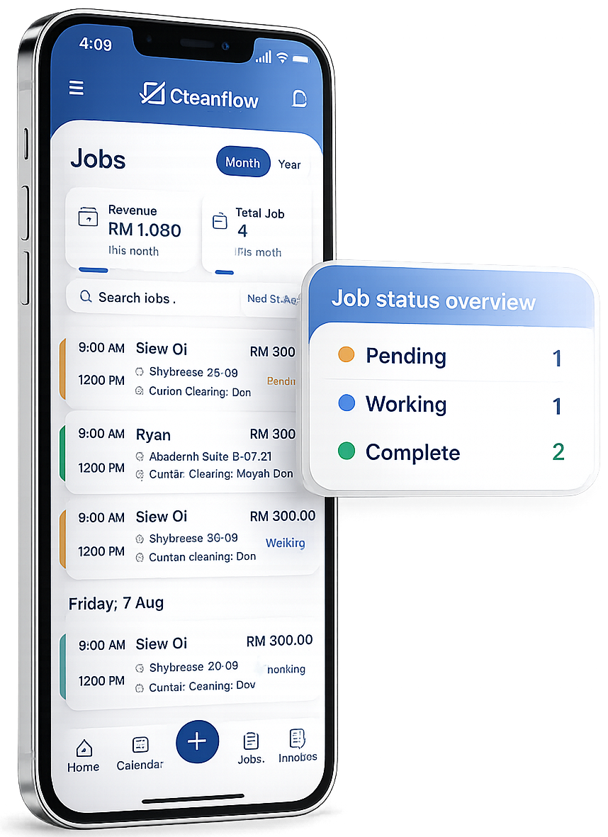CleanMoo job tracking with pending, ongoing and completed status