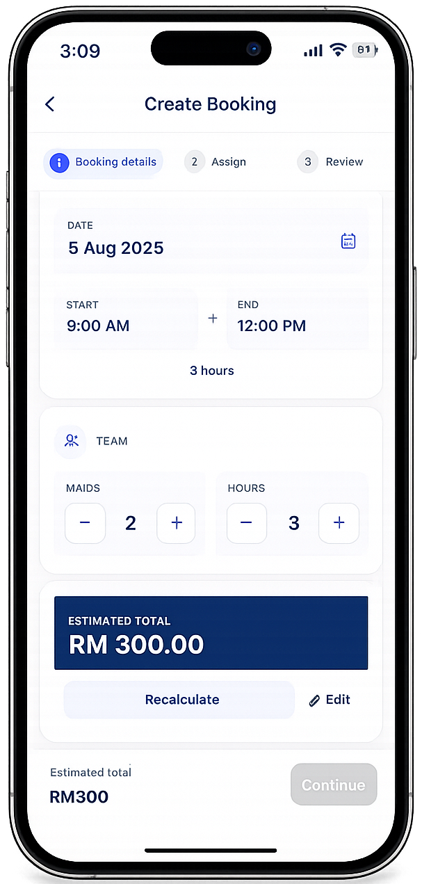 CleanMoo job scheduling screen