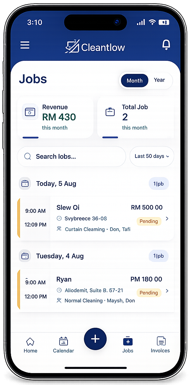 CleanMoo job tracking screen